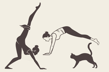 Fototapeta premium Illustration of two women practicing yoga poses with a playful cat. A concept of wellness, balance, and playful harmony at home.