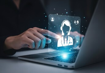 Hands interacting with a holographic customer service representative interface on a laptop screen