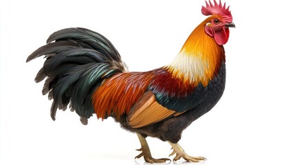 Rooster, colorful plumage, white background