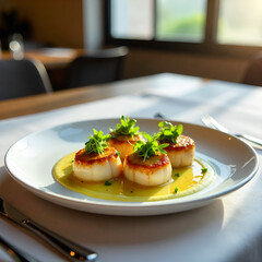 A gourmet dish is presented on a pale background, consisting of seared scallops, microgreens, and a delicate lemon sauce, all carefully arranged