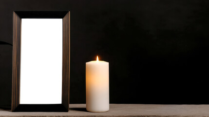 Elegant black frame and white candle set against a dark background for a somber tribute
