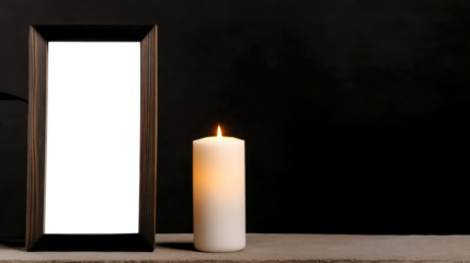 Elegant black frame and white candle set against a dark background for a somber tribute