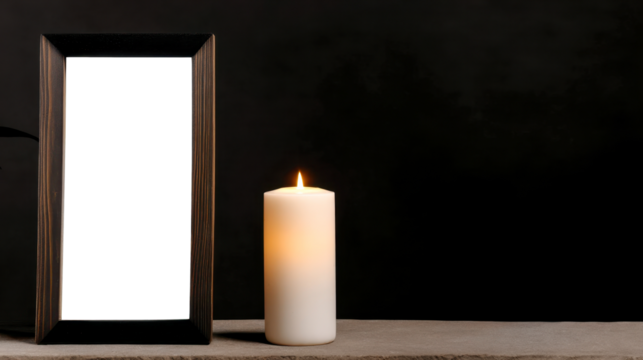 Elegant black frame and white candle set against a dark background for a somber tribute