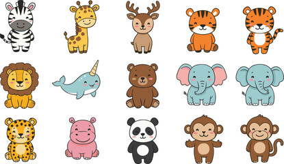 Cute jungle animal cartoon vector set, baby zoo animals clipart, wild animal illustration, children’s educational wildlife drawing