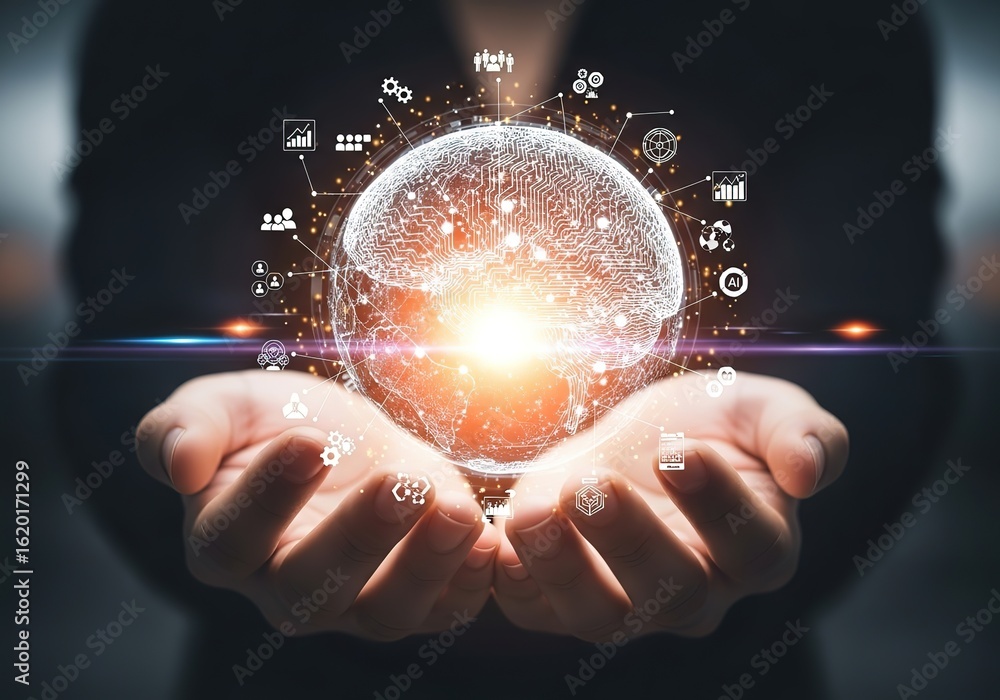 Poster person holding a glowing digital sphere filled with data and interconnected symbols representing glo