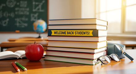 A classroom scene with books stacked and a welcome back students message on one of the books displayed back to school ai generated