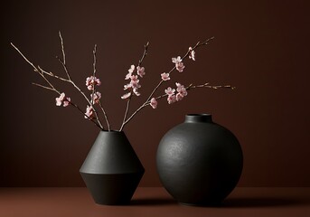 Elegant still life with pink cherry blossoms in modern black vases. A minimalist, serene composition with a Japandi aesthetic.