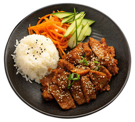 Fried pork on rice sprinkled with white sesame