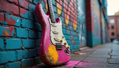Fototapeta na wymiar Vibrant electric guitar with paint splatters rests against a colorful graffiti brick wall. The instrument embodies rock music raw energy, rebellious spirit, and creative expression.