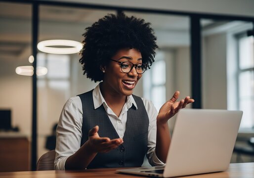 Smiling black woman with afro hair engages in a lively video conference call in a modern office setting