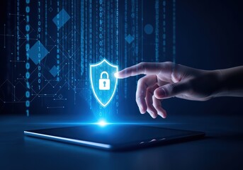 Human finger interacting with a glowing digital shield icon featuring a lock symbol on a futuristic blue background
