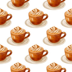 ИSeamless pattern with glass mugs of pumpkin latte topped with whipped cream, painted in cozy watercolor style. Perfect for fabric, packaging, wrapping paper, and seasonal desigллюстрация без названия