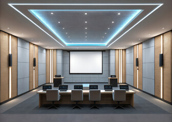 Modern conference room with projector screen, laptops, and wood paneling with ambient lighting