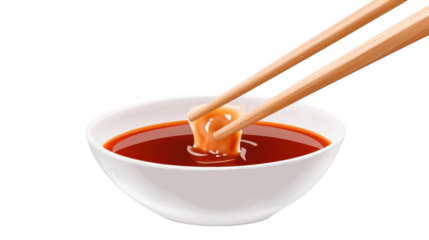 Dumpling is being dipped into vibrant spicy sauce held by chopsticks in a relaxed dining setting