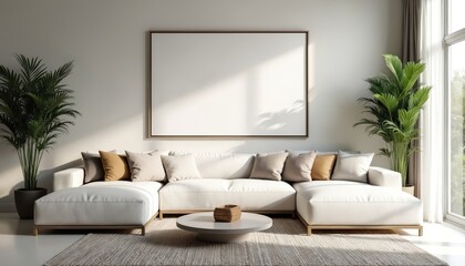 Minimalist living room features large sectional sofa with throw pillows centered under blank wall frame. Coffee table with woven basket accent. Natural light streams from window, illuminating modern