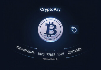 Cryptocurrency payment and digital transaction illustration with a Bitcoin coin and transaction ID for secure online commerce and fintech solutions.