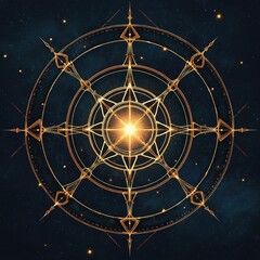 Sacred geometry star map with glowing golden lines against deep space background filled with stars. Features celestial elements, astrological symbols, suggesting cosmic connection, universal