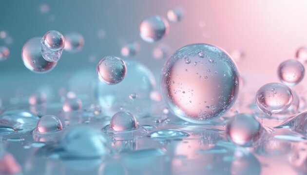 Abstract illustration of skincare molecules, science, advanced formulations in scientific environment. Features floating water droplets with soft pink, blue light, hinting at cosmetic serum, skin