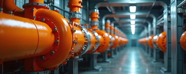 Industrial facility interior with rows of large orange pipes, conduits. Advanced technology integration in clean, modern power generation plant. Focus on sustainable renewable energy systems, future