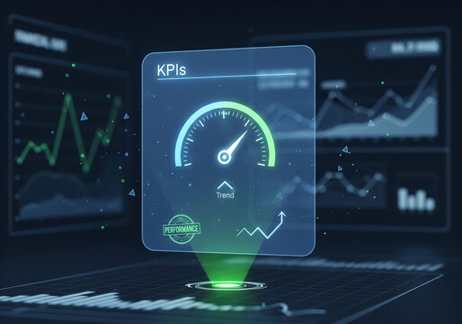 Abstract digital illustration of KPI performance tracking on a glowing holographic dashboard, featuring a speedometer and financial charts, representing business analytics and technology.