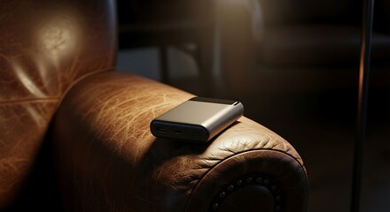 A sleek, modern portable hard drive resting on the arm of a luxurious brown leather chair, symbolizing sophisticated data management