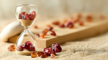Translucent hourglass with memories as sand, some grains glowing red to signify cognitive health concerns.