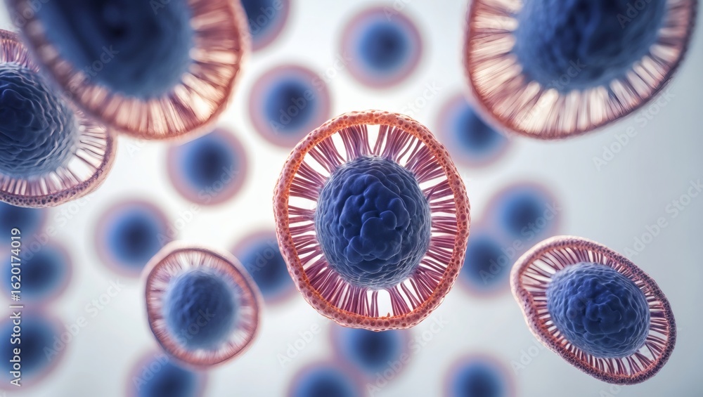 Poster an abstract view of microscopic cells, displaying a combination of blue and red hues. the image evok