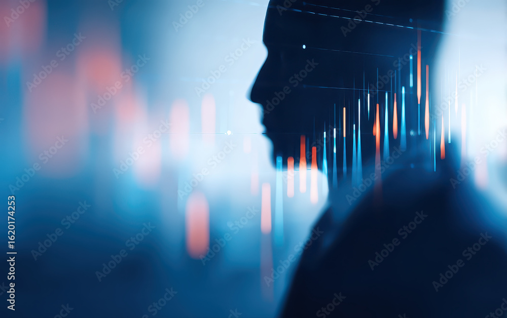 Aufkleber silhouette of person with stock market graph overlay showing financial data and analysis in blue and