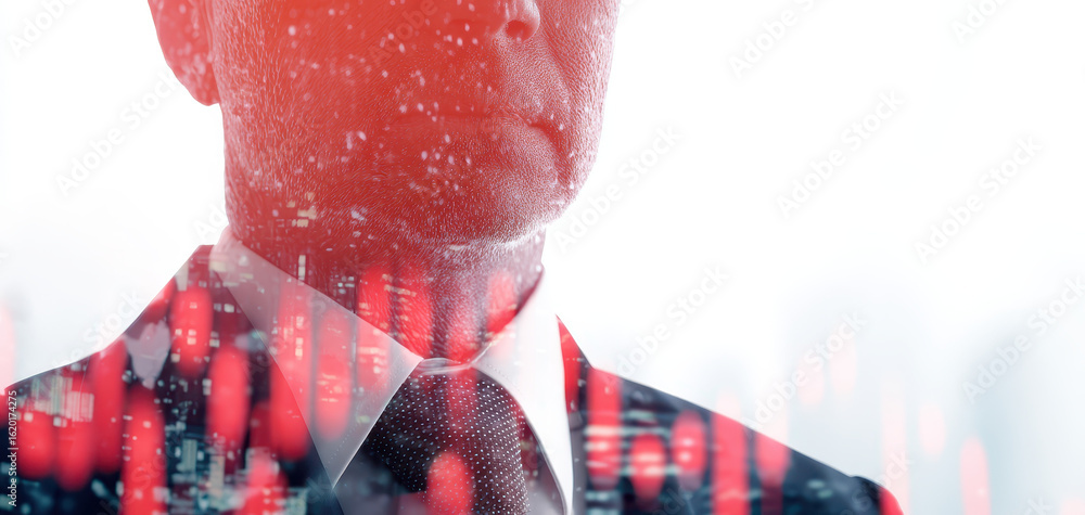 Aufkleber serious man in suit with tie is overlaid with red stock market graph showing financial data and cand
