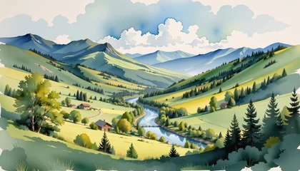 Gordijnen Majestic mountain landscape with a serene river flowing through lush green valleys and scenic natural beauty © ohmiez