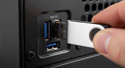 Obraz premium Close-up of a silver USB flash drive being inserted into a black computer port labeled 