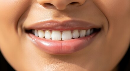 Fototapeta premium Close-up of a smiling person's lips and teeth, showcasing healthy, white enamel and glossy texture.