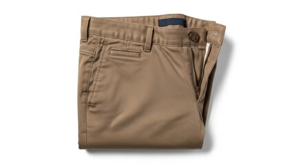 Folded tan chinos pants isolated on white background