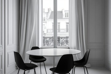 Minimalist dining area with view of city buildings