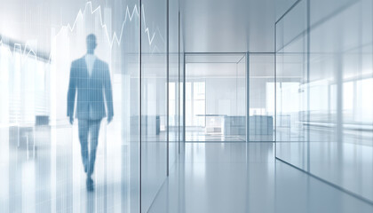 Fototapeta premium Blurred figure walks through modern office space with glass walls while stock market graph overlays scene, symbolizing financial growth and corporate environment