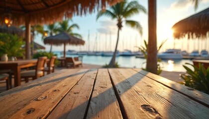 Rustic wooden table at tropical beach bar with palm trees, marina view. Serene vacation atmosphere perfect for summer travel, relaxation. Sunlight reflects on calm sea water, boats docked in harbor.