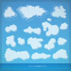 Set of hand-drawn cartoon-style clouds on a blue sky background. Collection of fluffy cloud shapes ideal for weather, sky, or comic-style design projects.