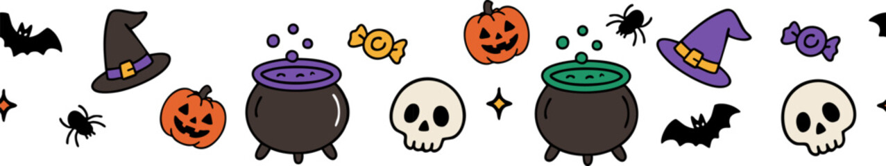 Seamless Halloween border with colorful cartoon elements: pumpkins, skulls, witch hats, bats, candy, and cauldrons. Perfect for party banners or festive designs