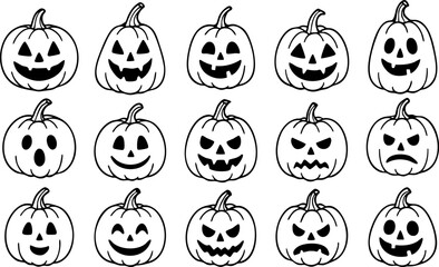 Set of Halloween pumpkin faces icons with different expressions. Perfect for spooky decorations, crafts, coloring pages, and festive projects