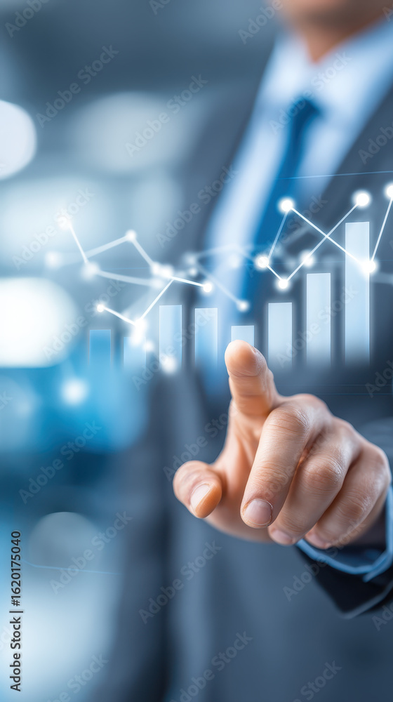 Aufkleber stock market graph with hand pointing at rising bar chart and glowing data points showing financial 