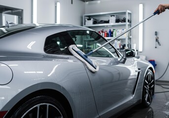 Detailed silver sports car being meticulously cleaned at a professional auto detailing shop.  Car wash and care for a luxury vehicle.