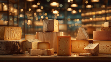 Large chunks of cheese sit on display at a supermarket or farmers market