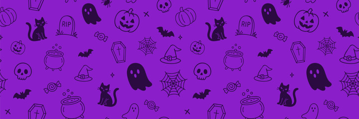 Seamless Halloween pattern with black doodles on a purple background. Features ghosts, pumpkins, witches’ hats, bats, and more festive elements