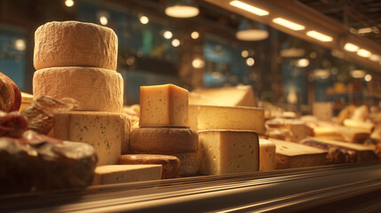 Large chunks of cheese sit on display at a supermarket or farmers market