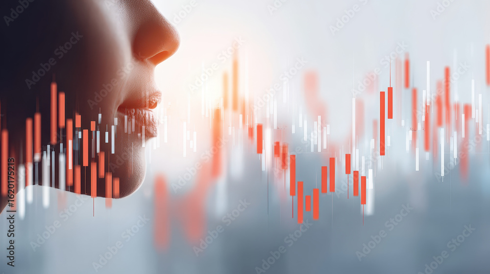 Poster close up of person face with stock market graph overlay showing red and white candlestick patterns r