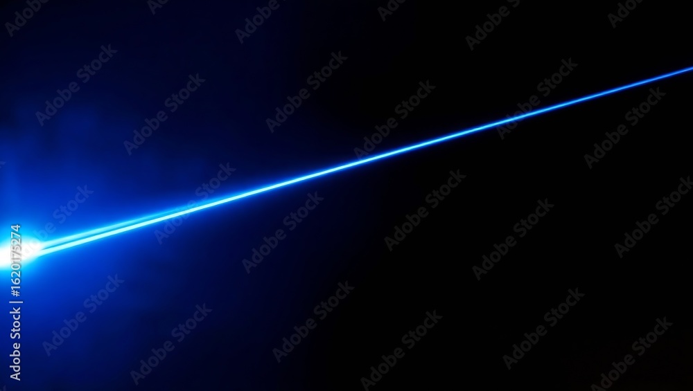 Poster a blue laser beam with an intense diffused light source on the left side against a completely black 
