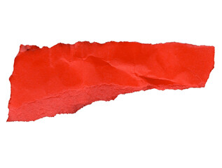 A fragment of crumpled red paper, irregularly shaped with jagged, ripped edges. The texture shows...