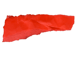 A fragment of crumpled red paper, irregularly shaped with jagged, ripped edges. The texture shows creases and folds, giving it a three-dimensional appearance. The bold red color.