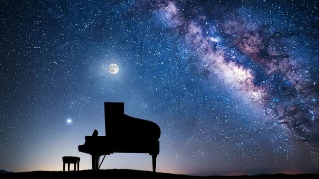 Grand piano silhouette under vast starry night sky with milky way and full moon creating a magical musical atmosphere for creative projects 4K Ai HD video.
