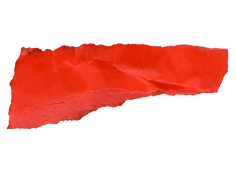 A fragment of crumpled red paper, irregularly shaped with jagged, ripped edges. The texture shows creases and folds, giving it a three-dimensional appearance. The bold red color.